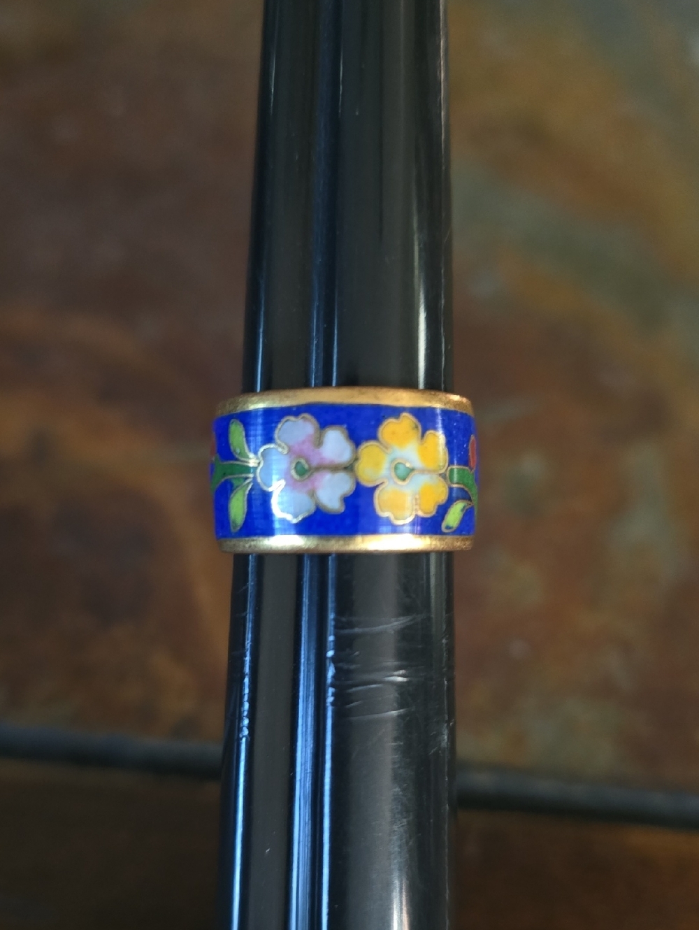 Blue Floral Cloisonne Band Ring - Vintage
